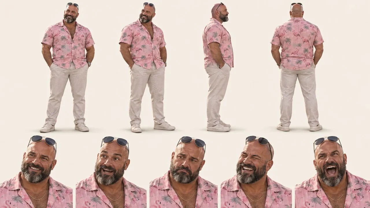 Character sheet for Marco, front, side and back views with face close-ups