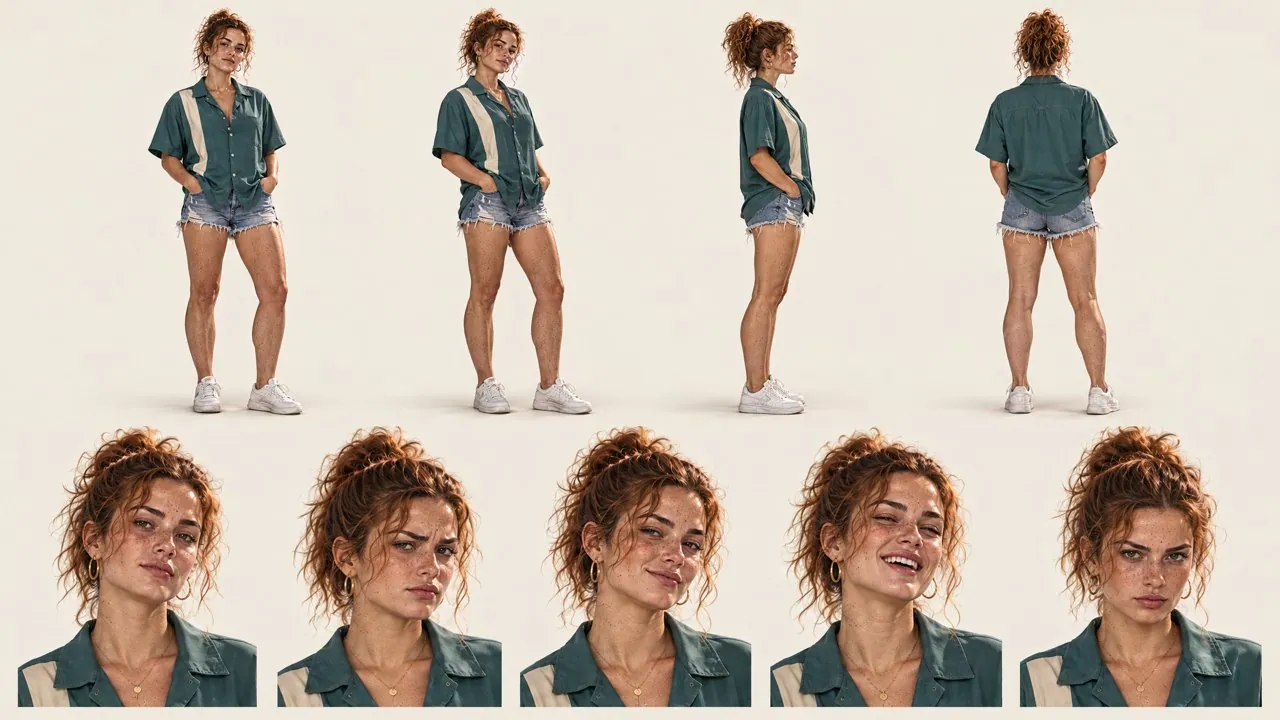 Character sheet for Rae, front, side and back views with face close-ups