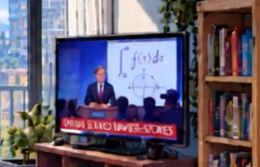 The TV as rendered, a generic presenter under a garbled headline